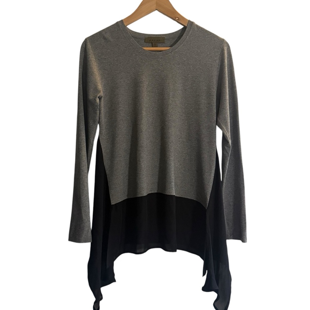 Harari Gray Black Color Block Long Sleeve Asymmetrical Hem Blouse Women’s Small - Picture 2 of 9